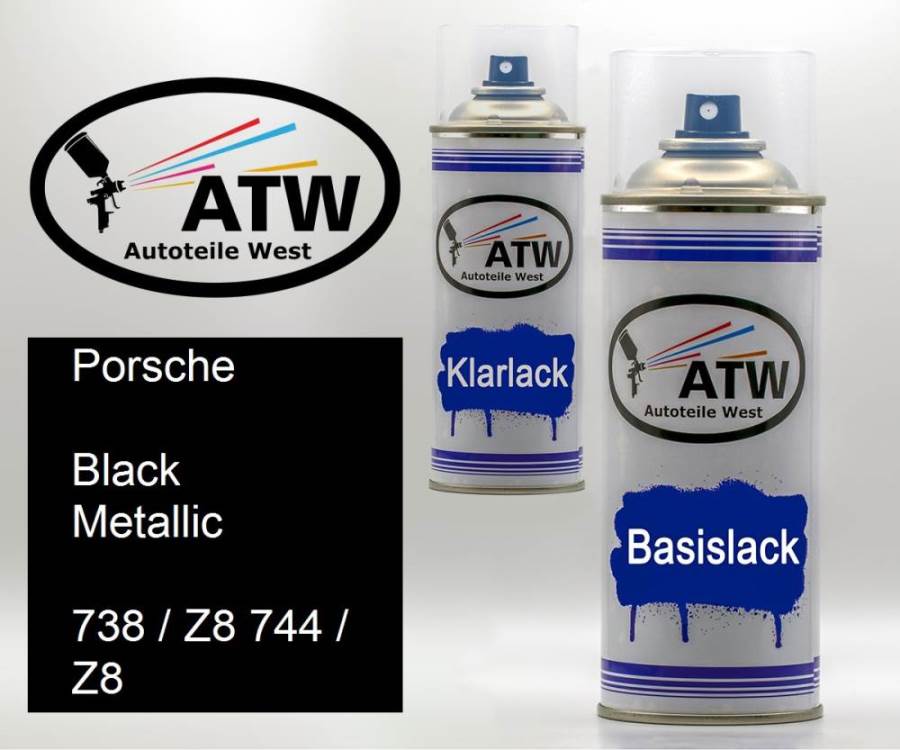 Porsche, Black Metallic, 738 / Z8 744 / Z8: 400ml Sprühdose + 400ml Klarlack - Set, von ATW Autoteile West.